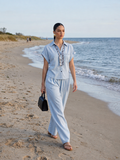 Scarf-Detailed Short-Sleeve Shirt & Wide-Leg Trousers Powder Blue Co-ord Set