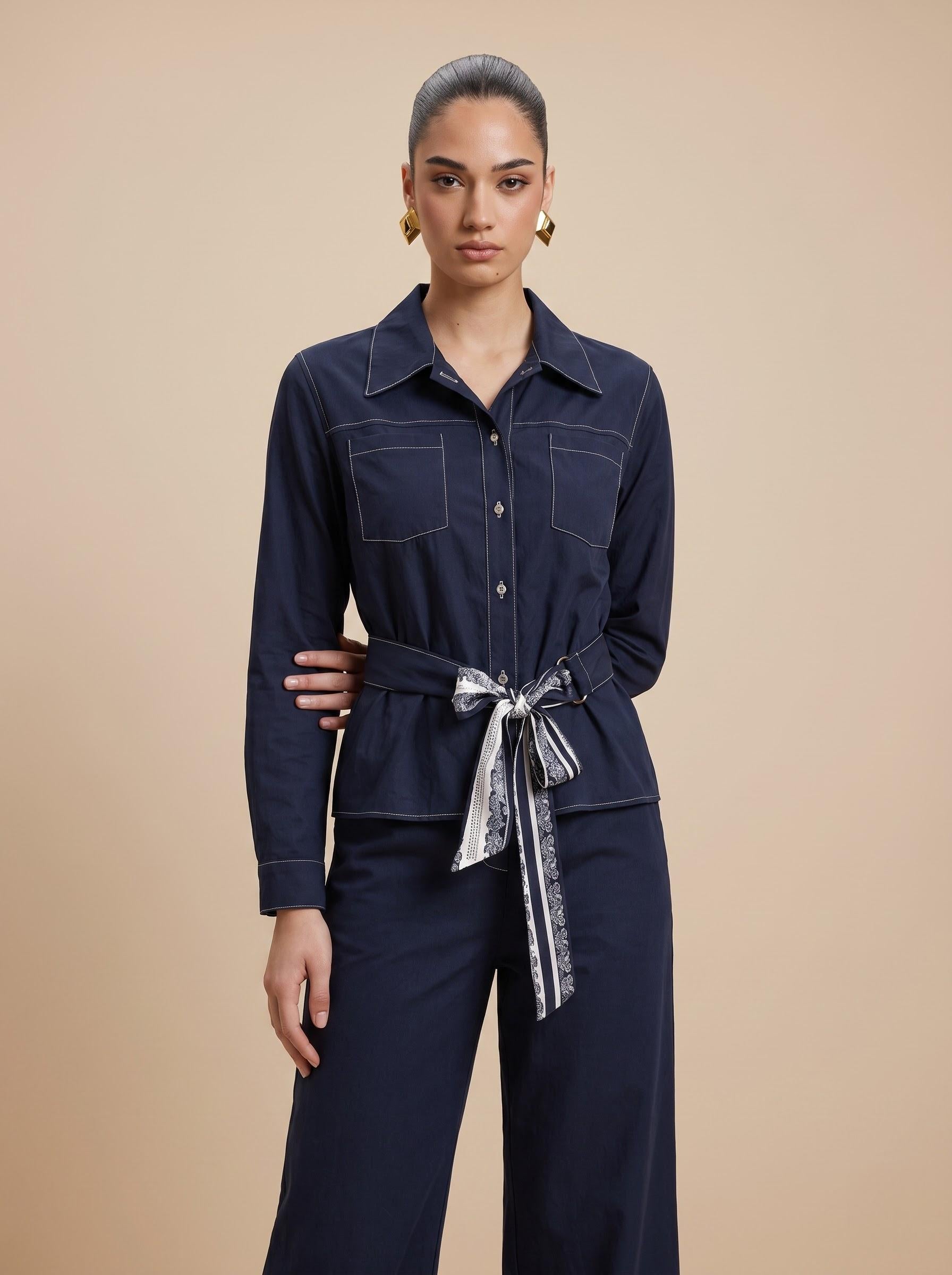 Contrast-Stitch Belted Shirt, Silk Scarf & Trousers Midnight Navy 3-Piece Set