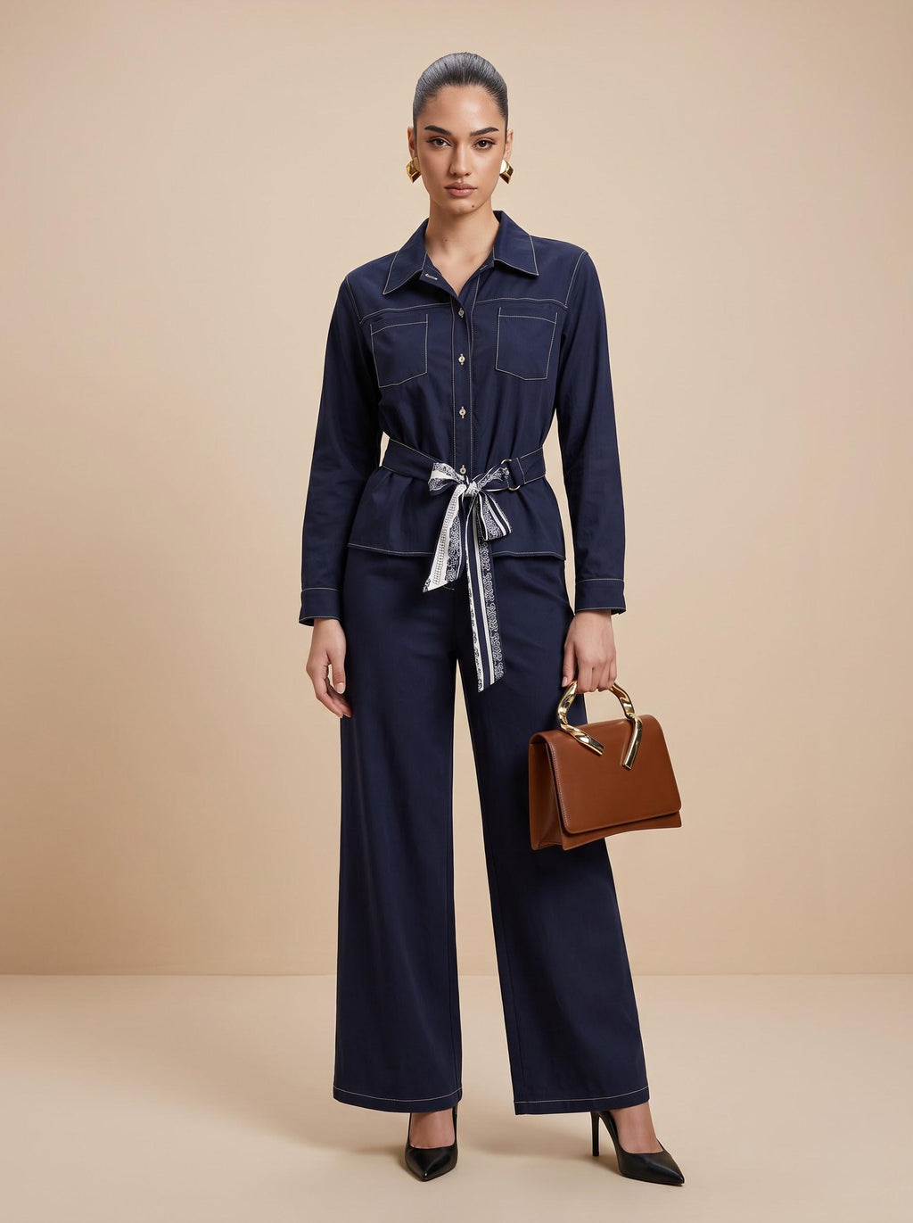 Contrast-Stitch Belted Shirt, Silk Scarf & Trousers Midnight Navy 3-Piece Set