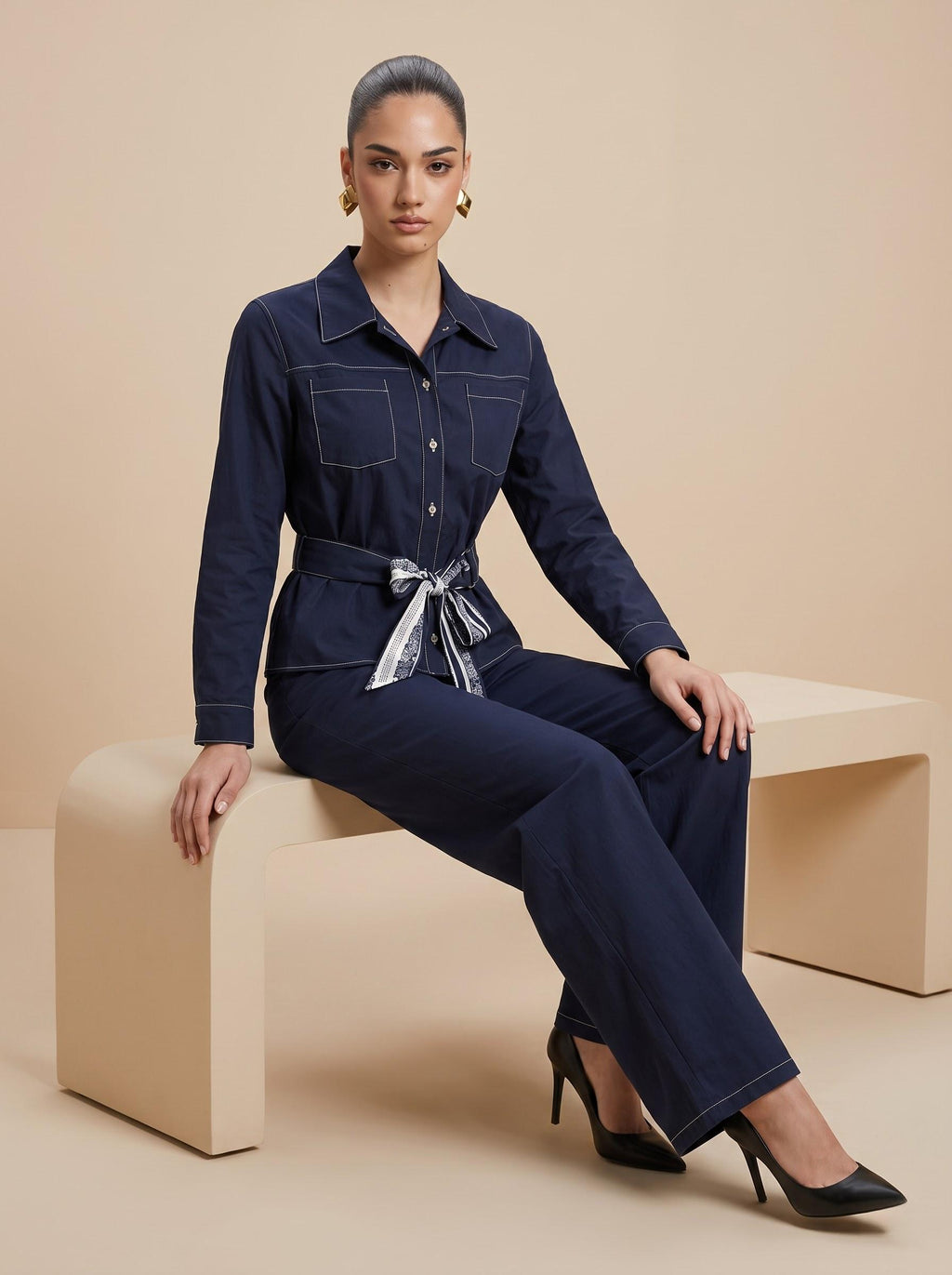 Contrast-Stitch Belted Shirt, Silk Scarf & Trousers Midnight Navy 3-Piece Set