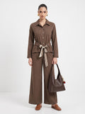 Contrast-Stitch Belted Shirt, Silk Scarf & Trousers Mocha brown 3-Piece Set
