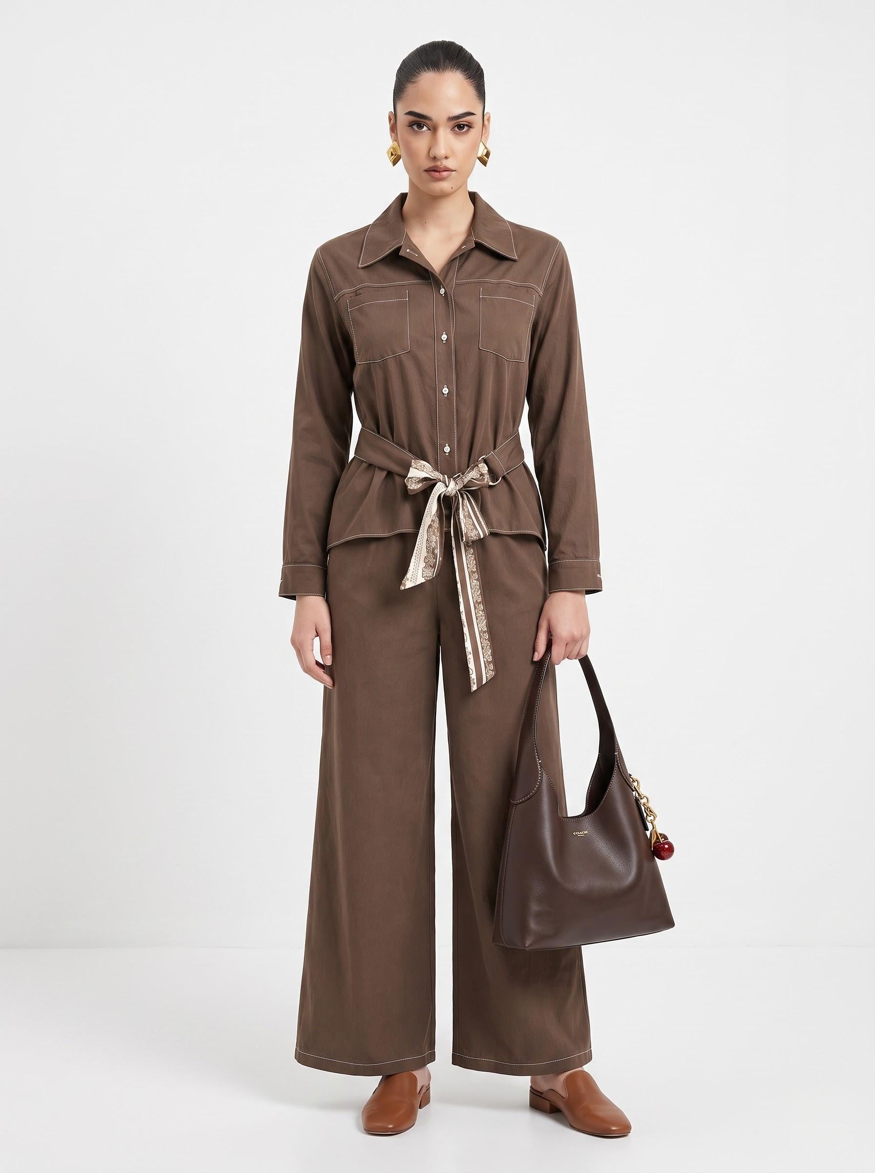 Contrast-Stitch Belted Shirt, Silk Scarf & Trousers Mocha brown 3-Piece Set