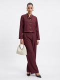 High-Neck Cropped Shirt & Trousers Burgundy Silk Satin Co-ord Set