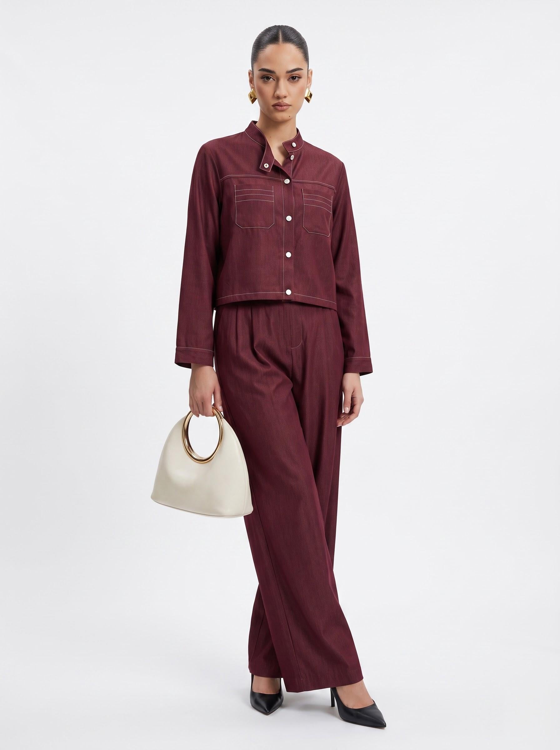 High-Neck Cropped Shirt & Trousers Burgundy Silk Satin Co-ord Set