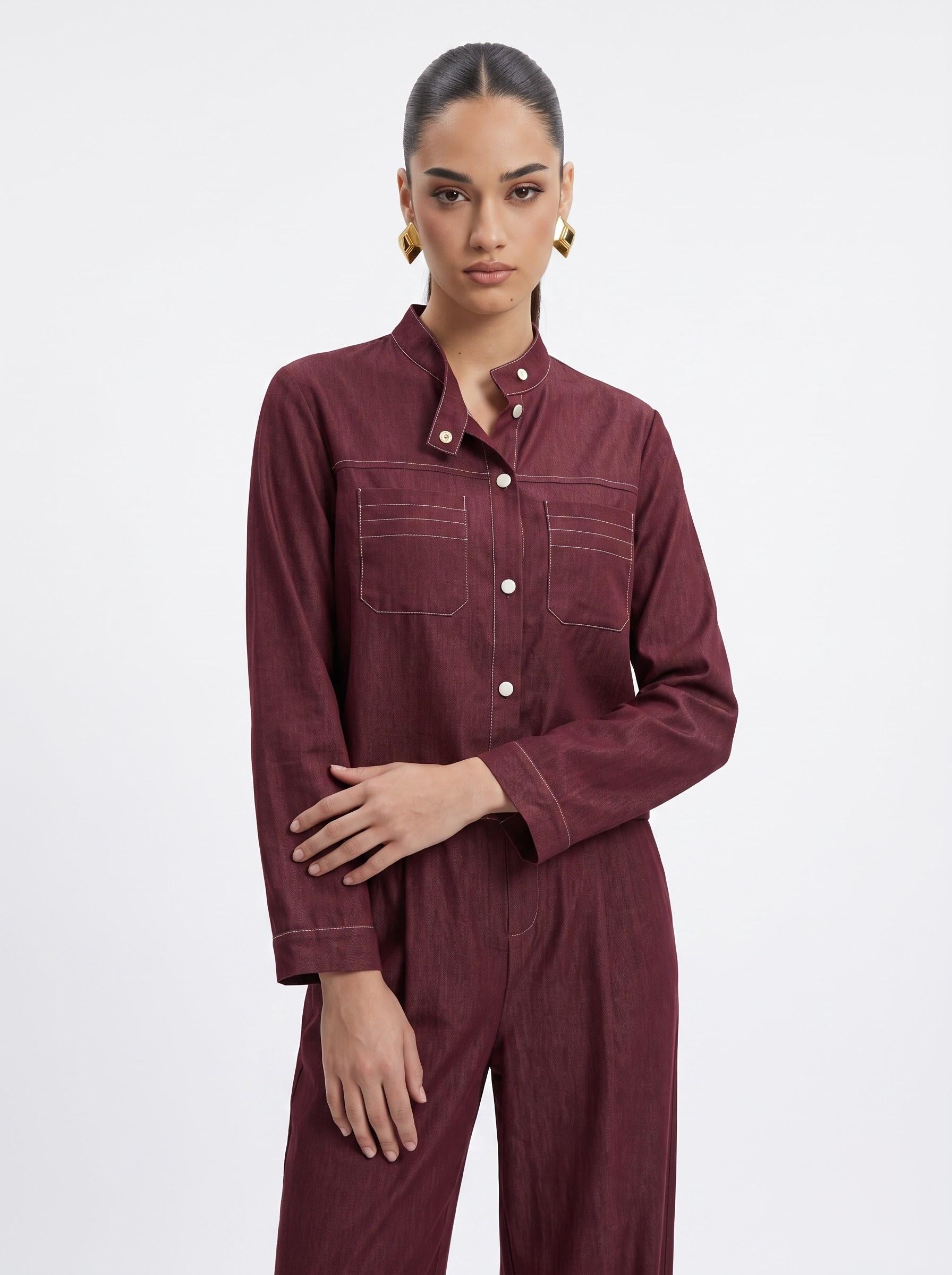 High-Neck Cropped Shirt & Trousers Burgundy Silk Satin Co-ord Set