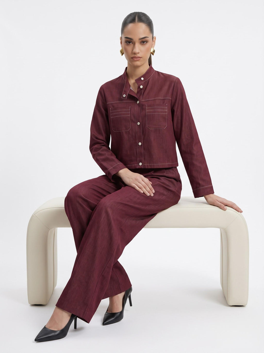 High-Neck Cropped Shirt & Trousers Burgundy Silk Satin Co-ord Set