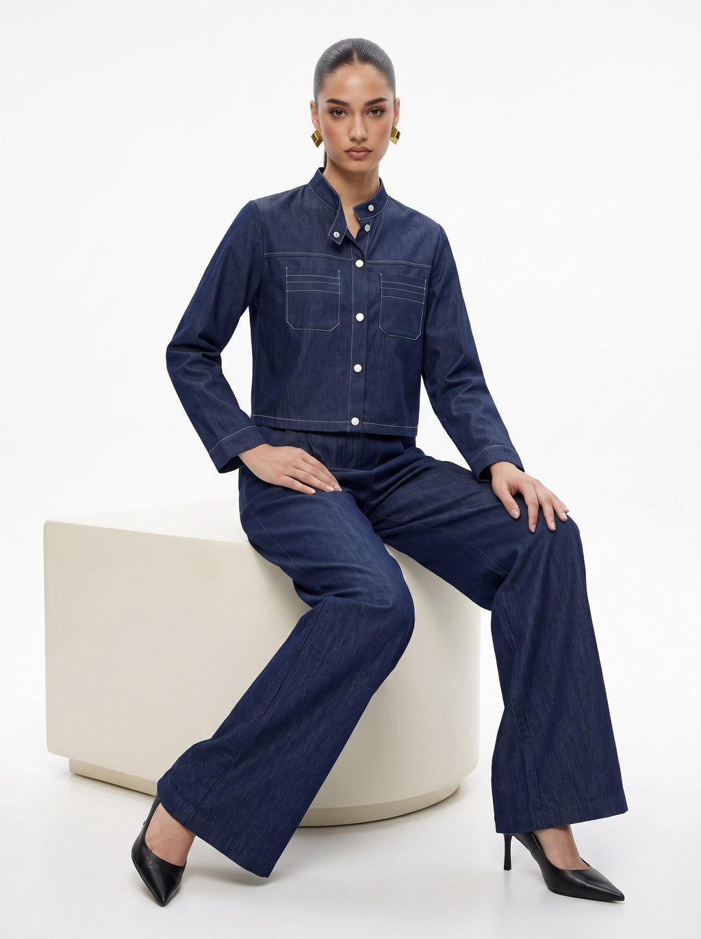 High-Neck Cropped Shirt & Trousersnavy blue Silk Satin Co-ord Set