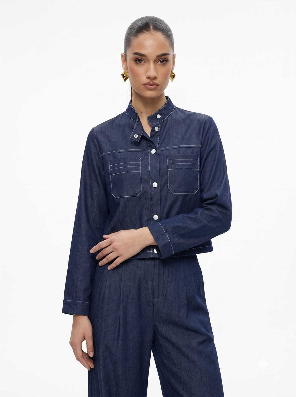 High-Neck Cropped Shirt & Trousersnavy blue Silk Satin Co-ord Set