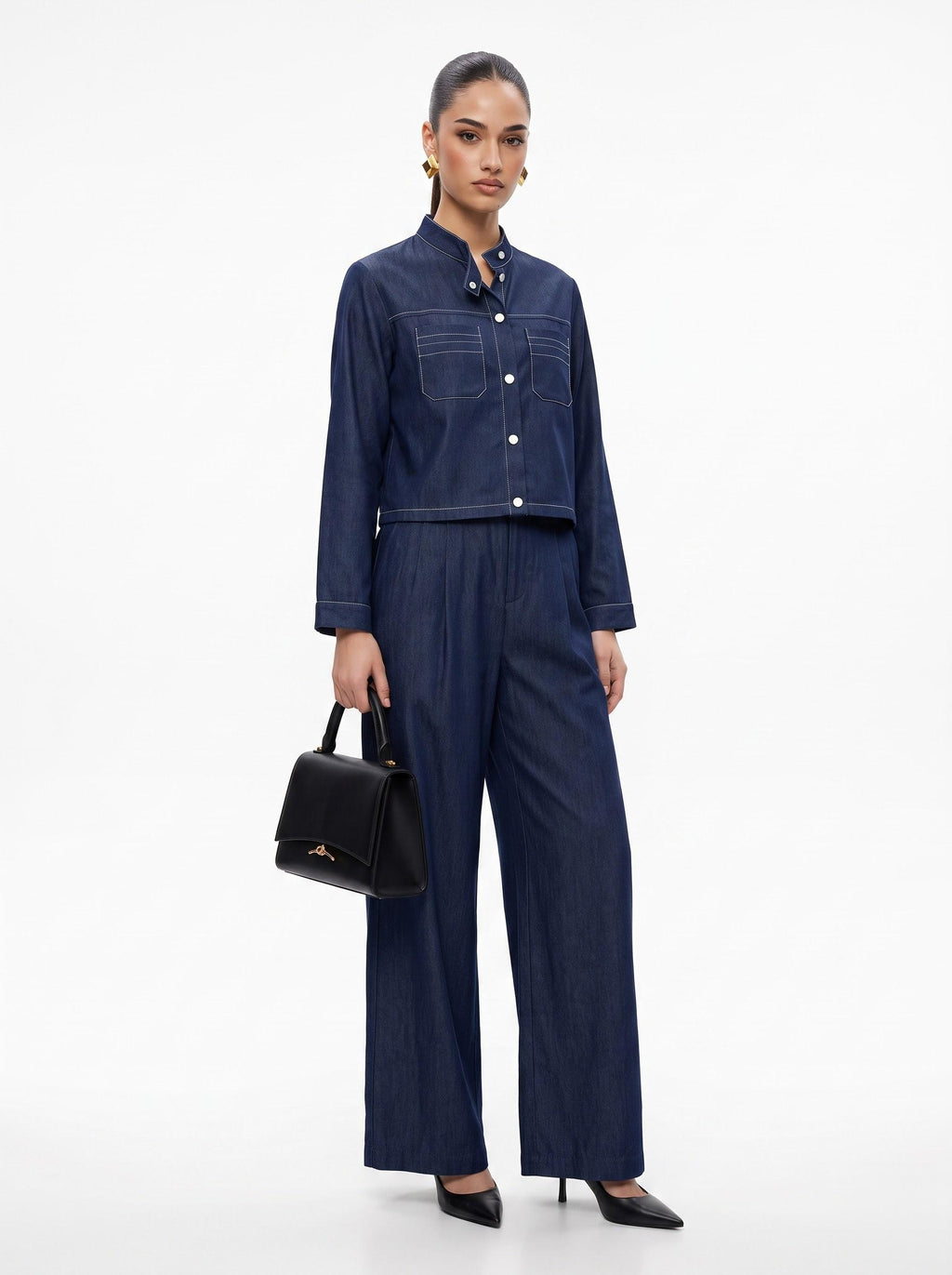 High-Neck Cropped Shirt & Trousersnavy blue Silk Satin Co-ord Set