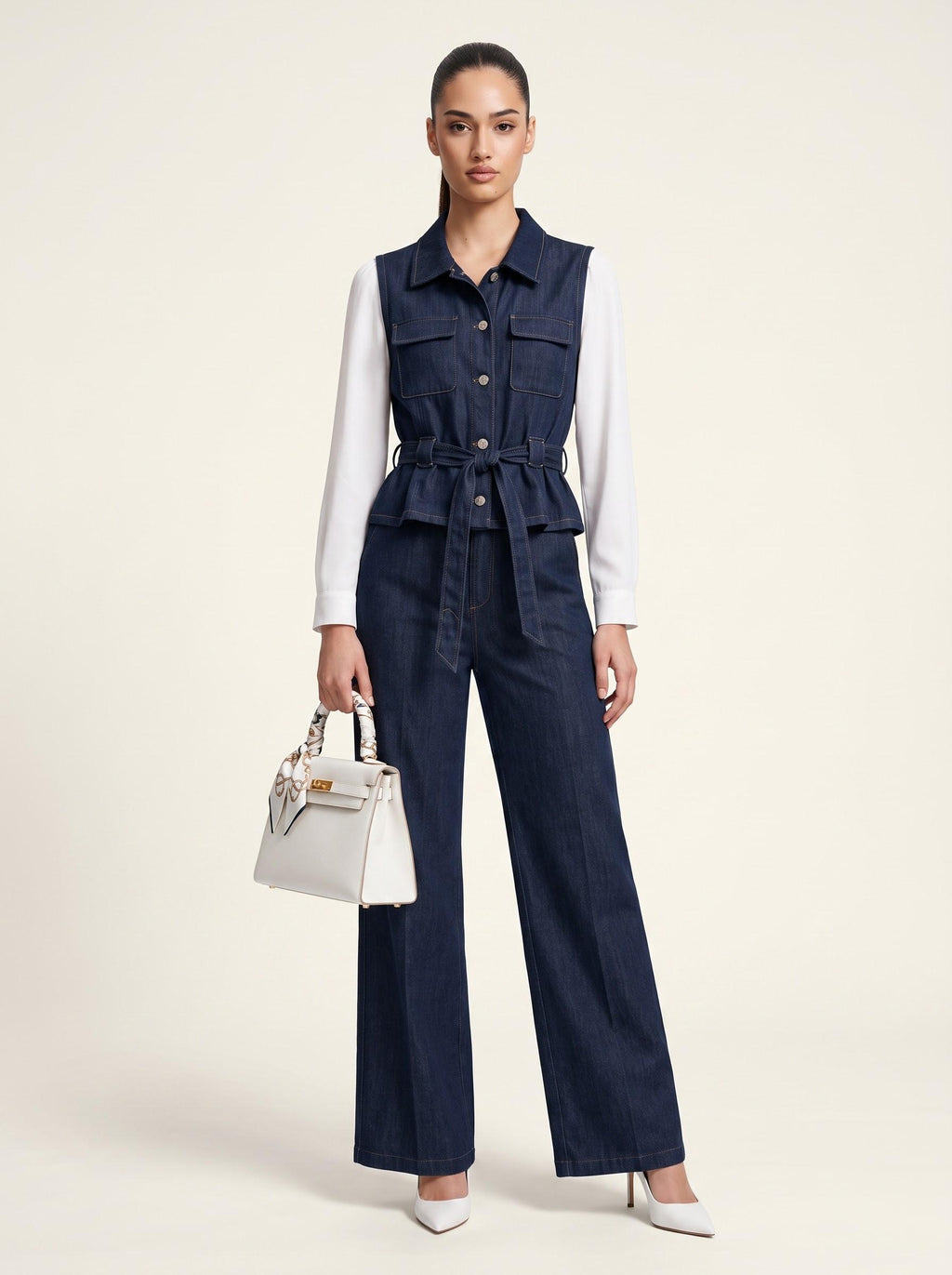 Belted Heavy Denim Vest Top & Wide-Leg Trousers Indigo 2-Piece Set