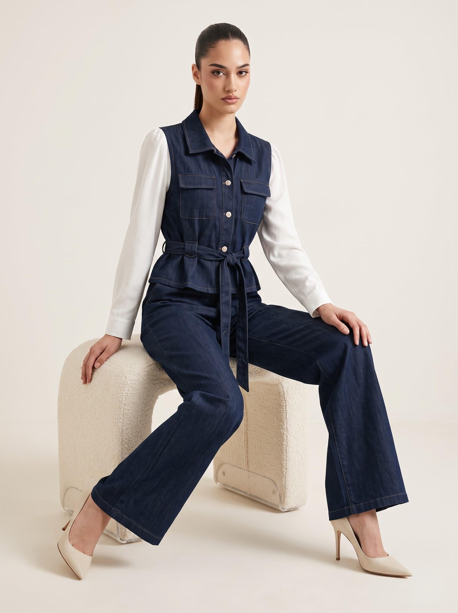 Belted Heavy Denim Vest Top & Wide-Leg Trousers Indigo 2-Piece Set