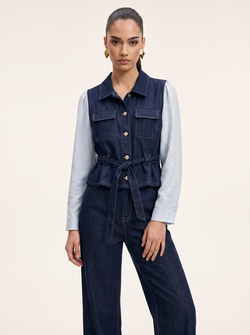 Belted Heavy Denim Vest Top & Wide-Leg Trousers Indigo 2-Piece Set