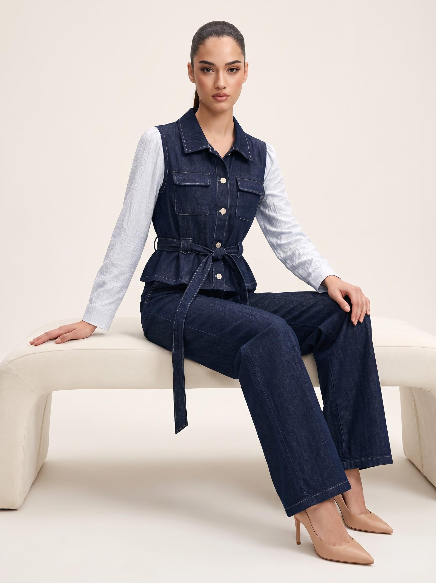 Belted Heavy Denim Vest Top & Wide-Leg Trousers Indigo 2-Piece Set