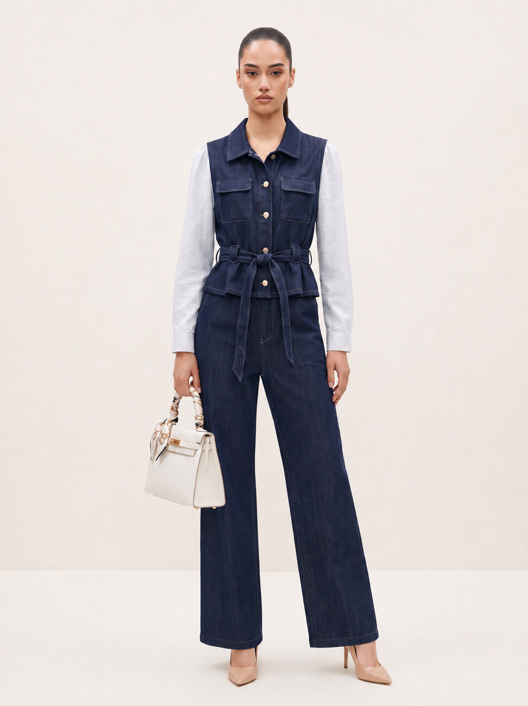Belted Heavy Denim Vest Top & Wide-Leg Trousers Indigo 2-Piece Set