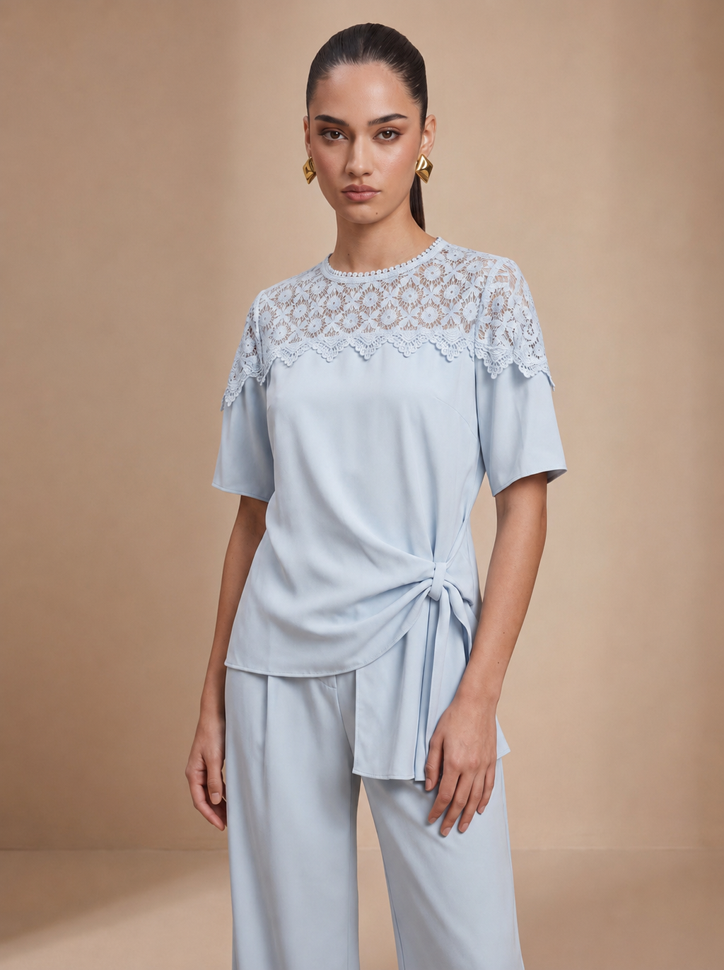 Lace Yoke Side-Tie Top & Wide-Leg Trousers Light Blue Co-ord Set