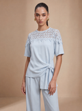 Lace Yoke Side-Tie Top & Wide-Leg Trousers Light Blue Co-ord Set