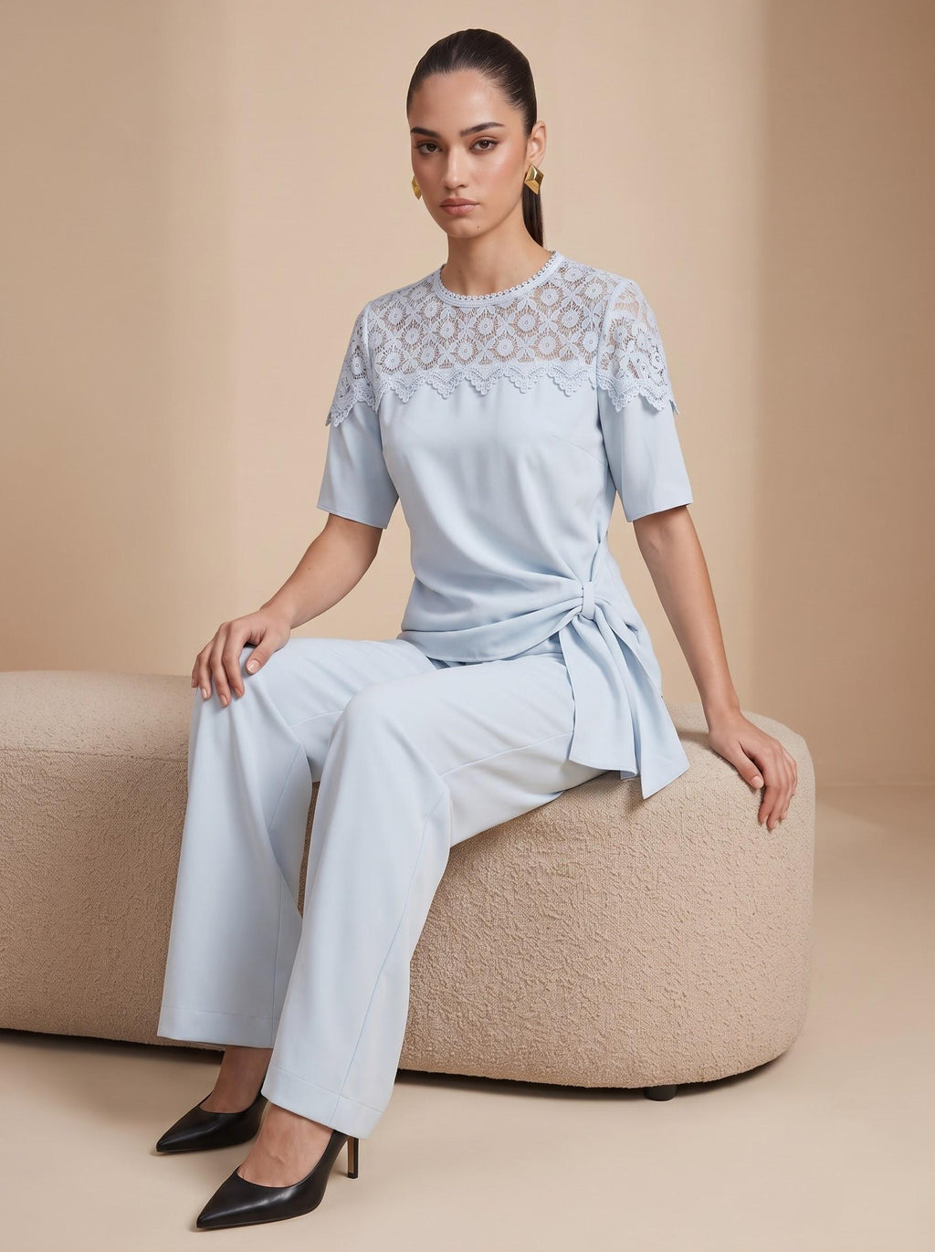 Lace Yoke Side-Tie Top & Wide-Leg Trousers Light Blue Co-ord Set