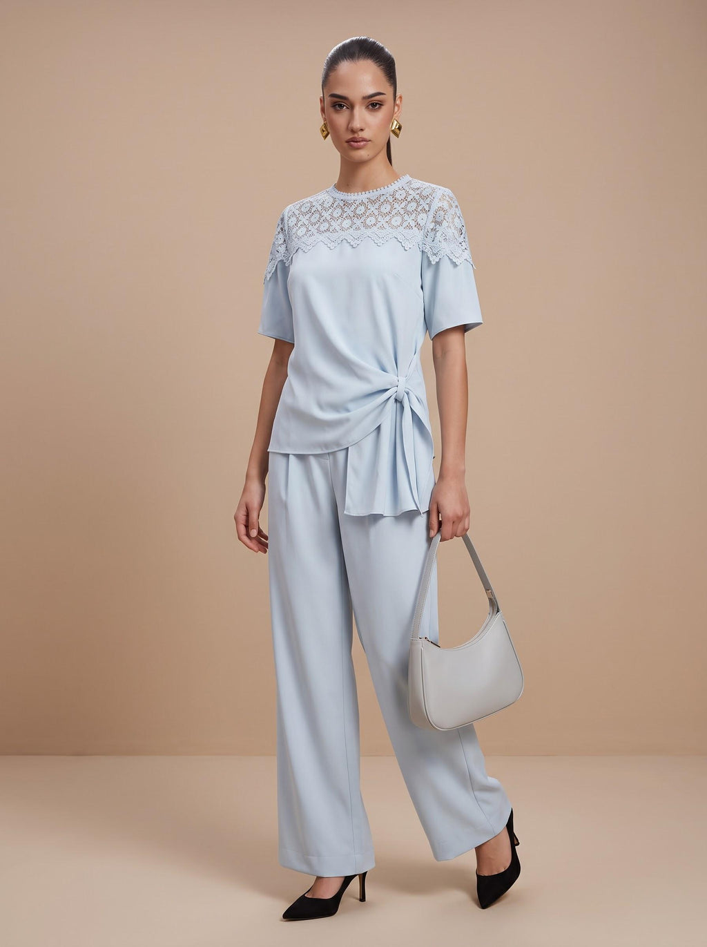 Lace Yoke Side-Tie Top & Wide-Leg Trousers Light Blue Co-ord Set