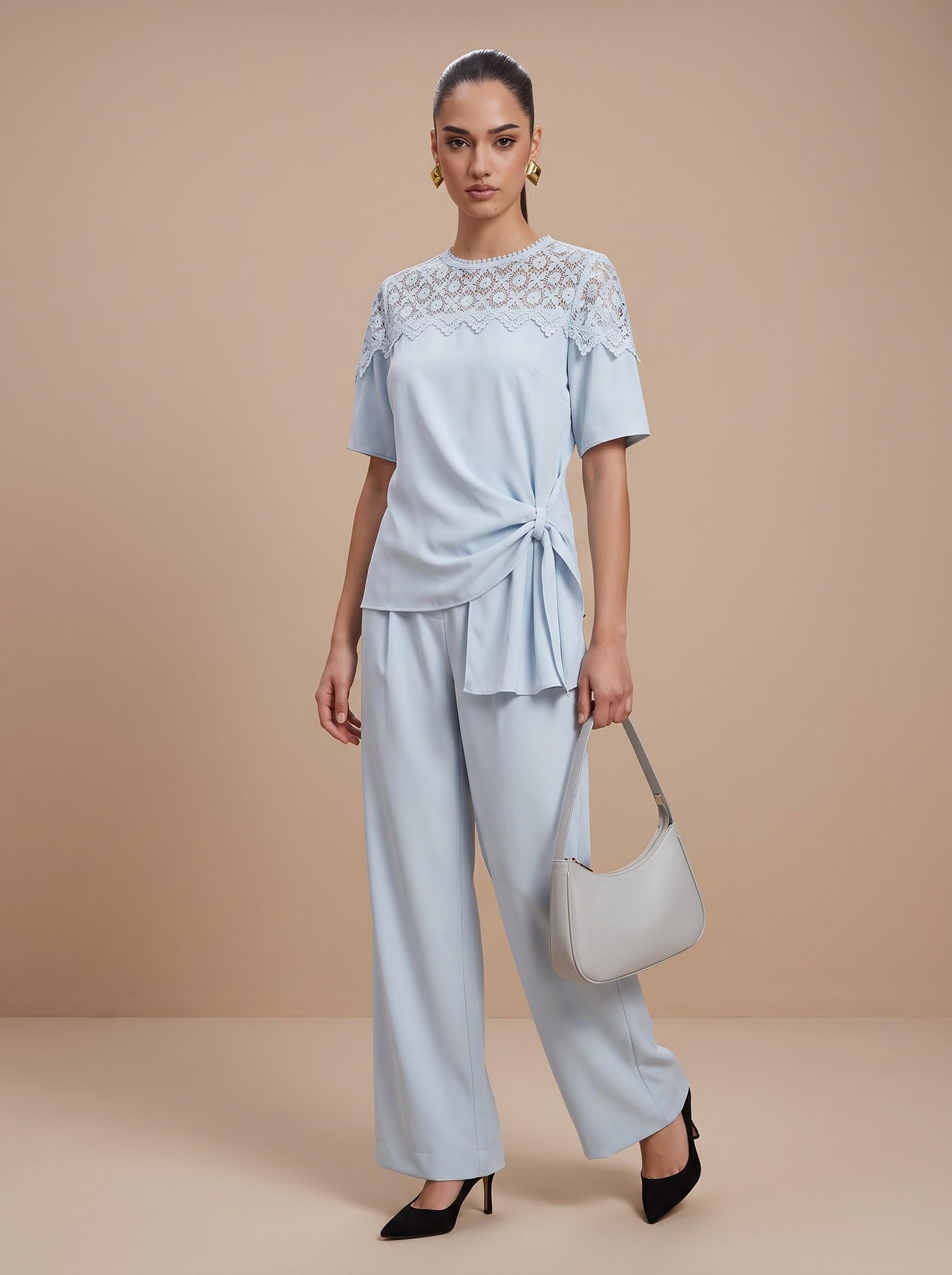 Lace Yoke Side-Tie Top & Wide-Leg Trousers Light Blue Co-ord Set