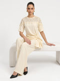 Lace Yoke Side-Tie Top & Wide-Leg Trousersoff white Co-ord Set