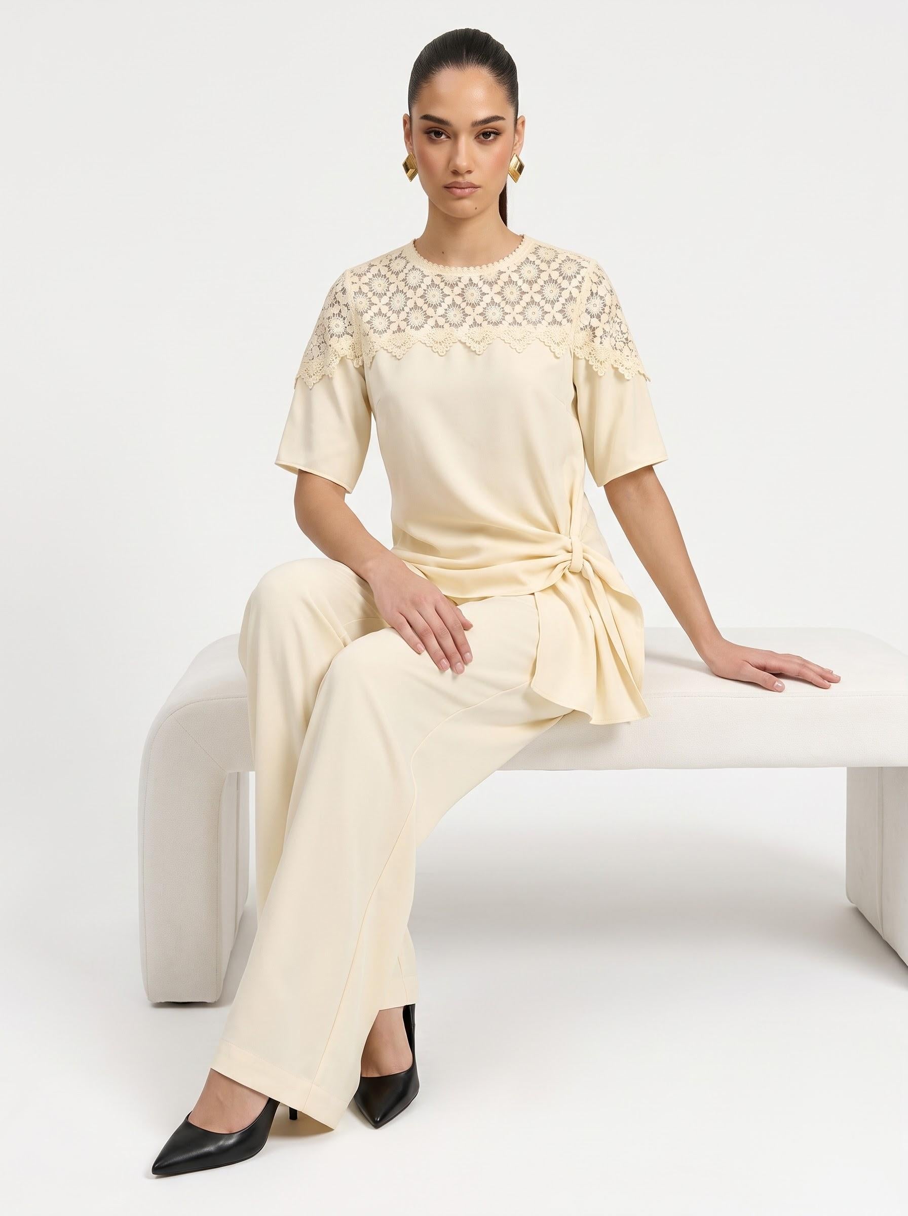 Lace Yoke Side-Tie Top & Wide-Leg Trousersoff white Co-ord Set