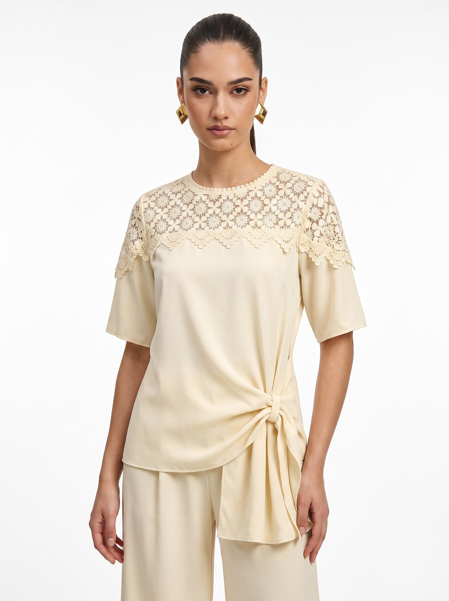 Lace Yoke Side-Tie Top & Wide-Leg Trousersoff white Co-ord Set