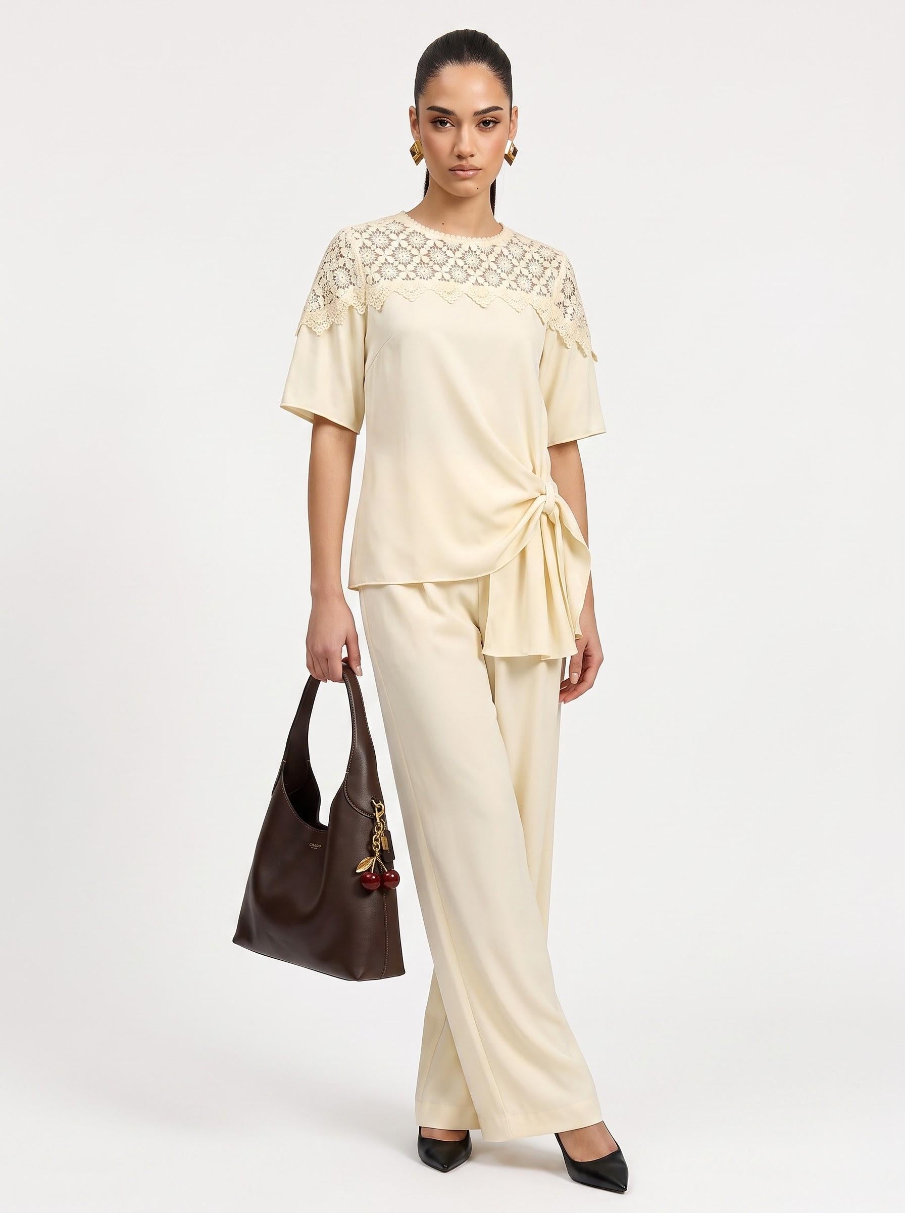 Lace Yoke Side-Tie Top & Wide-Leg Trousersoff white Co-ord Set