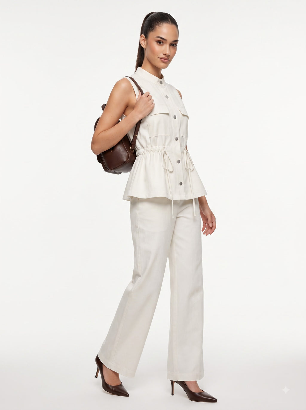Drawstring Utility Sleeveless Top & Wide-Leg Trousers  Linen Set