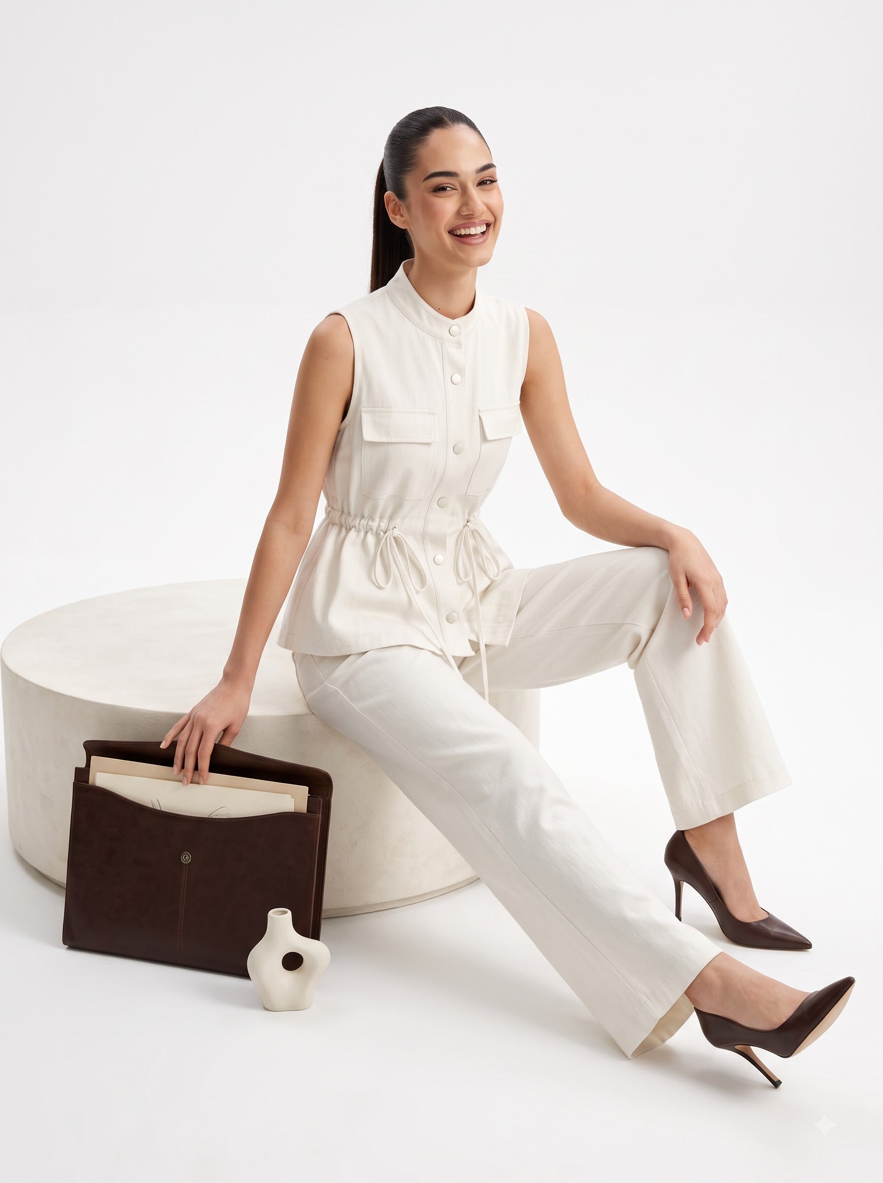 Drawstring Utility Sleeveless Top & Wide-Leg Trousers  Linen Set