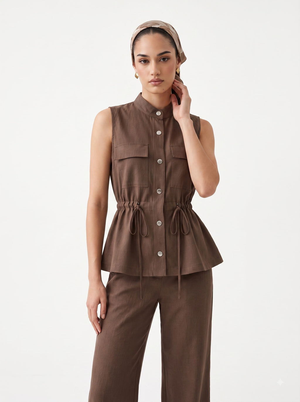 Drawstring Utility Sleeveless Top & Wide-Leg Trousers coffee Linen Set