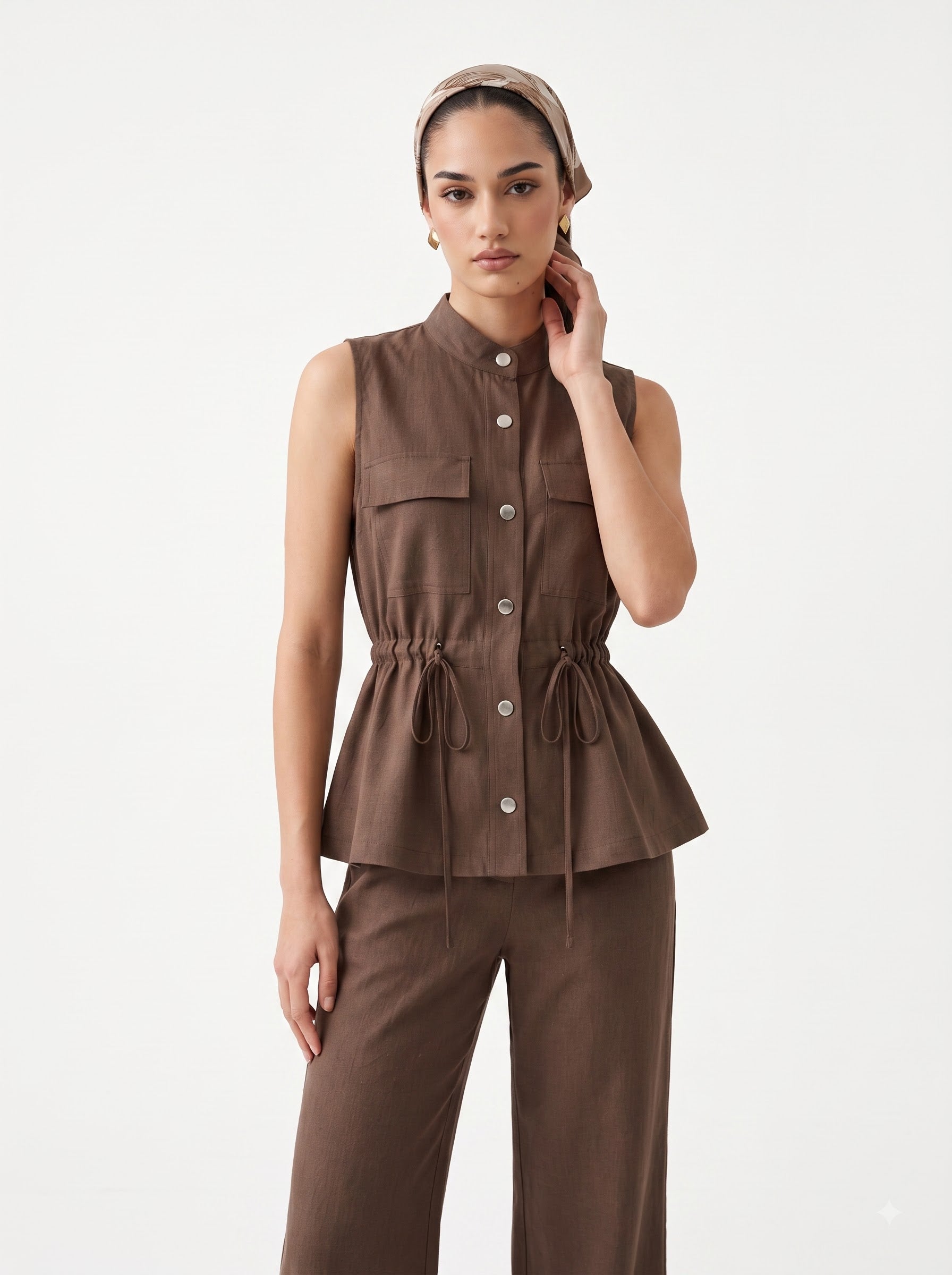 Drawstring Utility Sleeveless Top & Wide-Leg Trousers coffee Linen Set