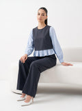 Layered Peplum Top & Wide-Leg Trousers Charcoal & Powder Blue 2-Piece Set