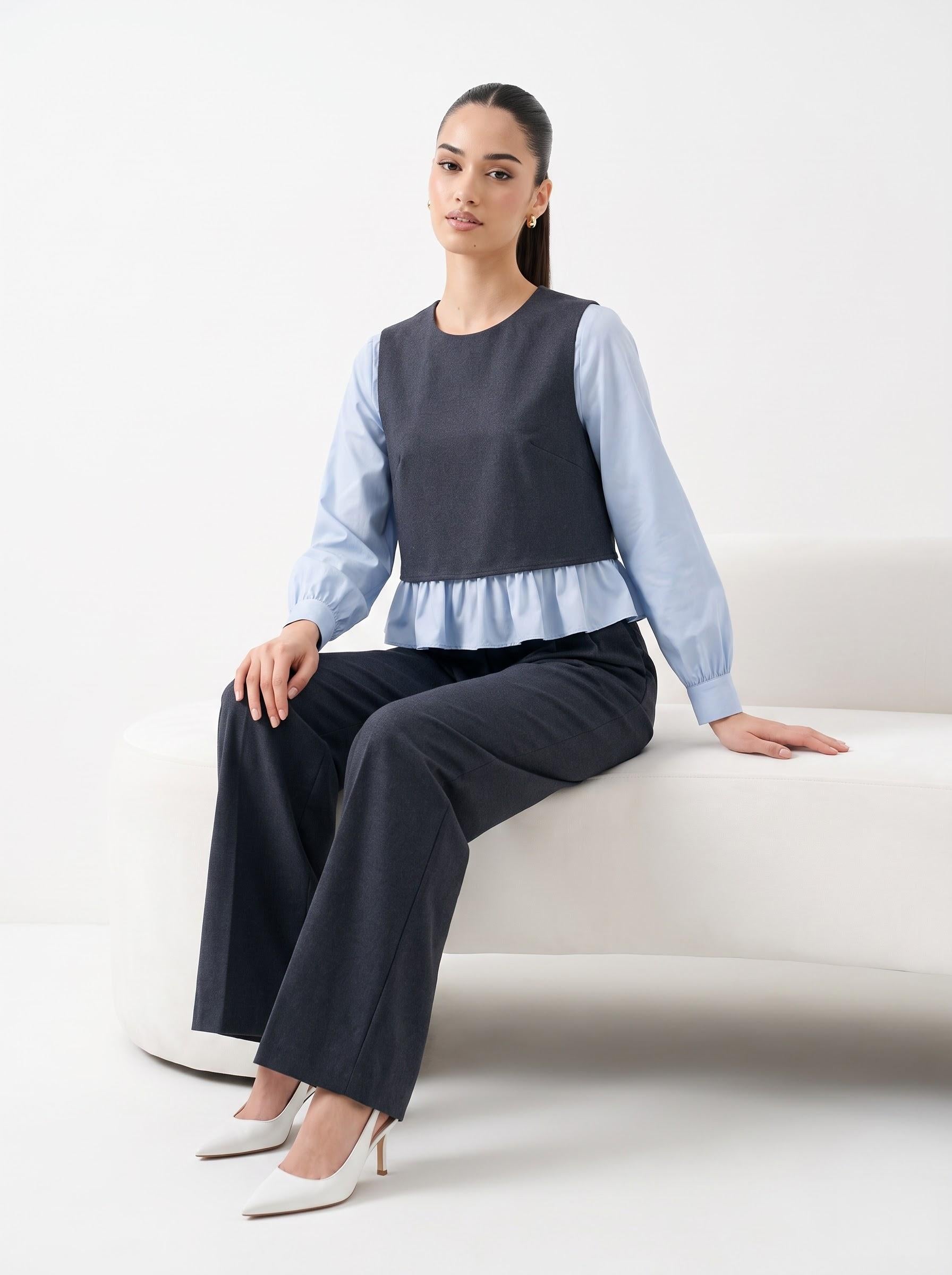 Layered Peplum Top & Wide-Leg Trousers Charcoal & Powder Blue 2-Piece Set
