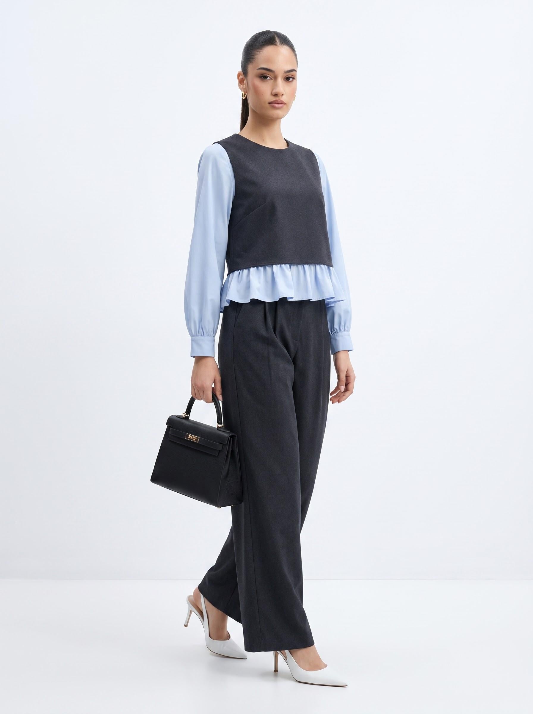Layered Peplum Top & Wide-Leg Trousers Charcoal & Powder Blue 2-Piece Set