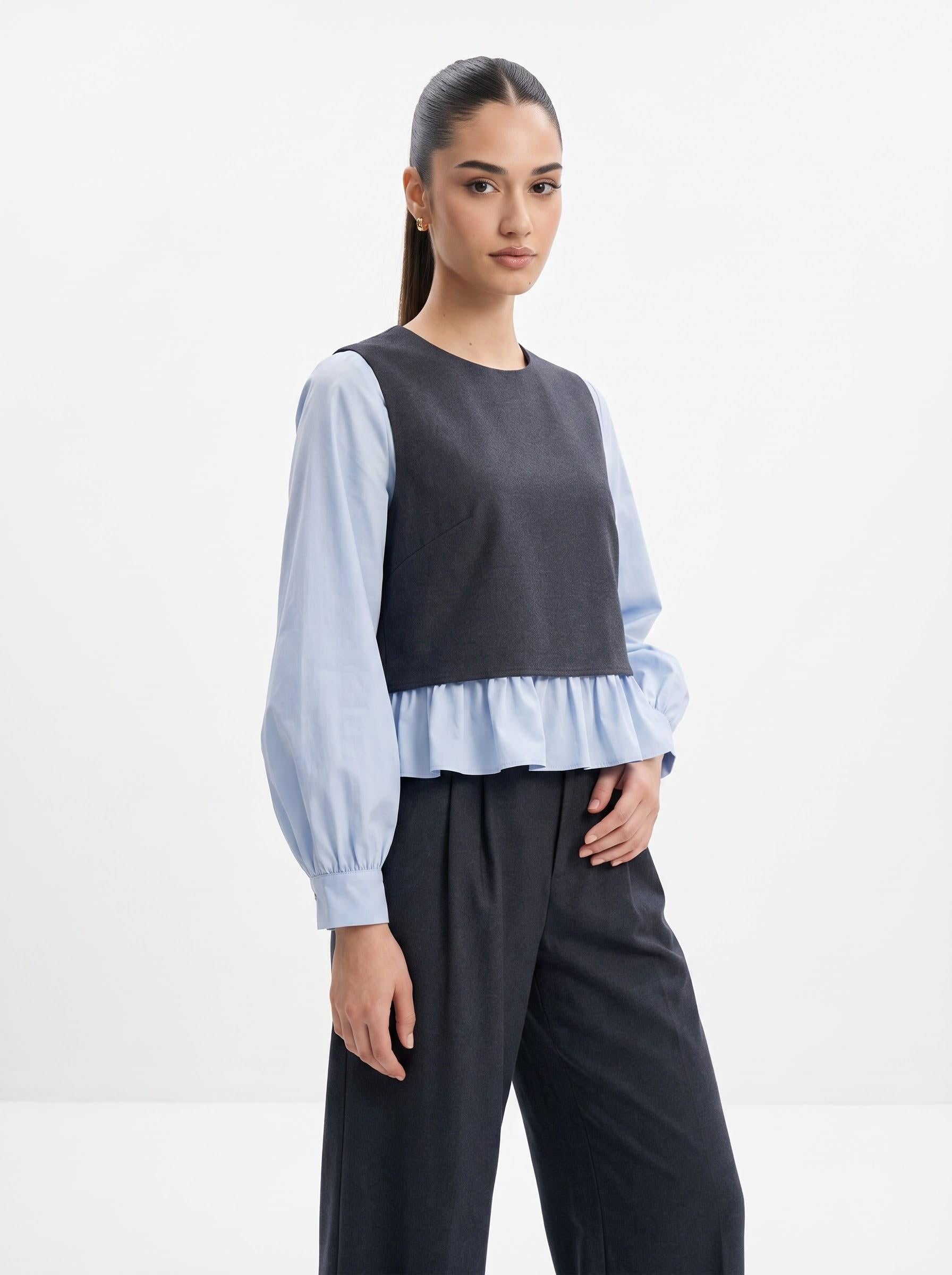 Layered Peplum Top & Wide-Leg Trousers Charcoal & Powder Blue 2-Piece Set