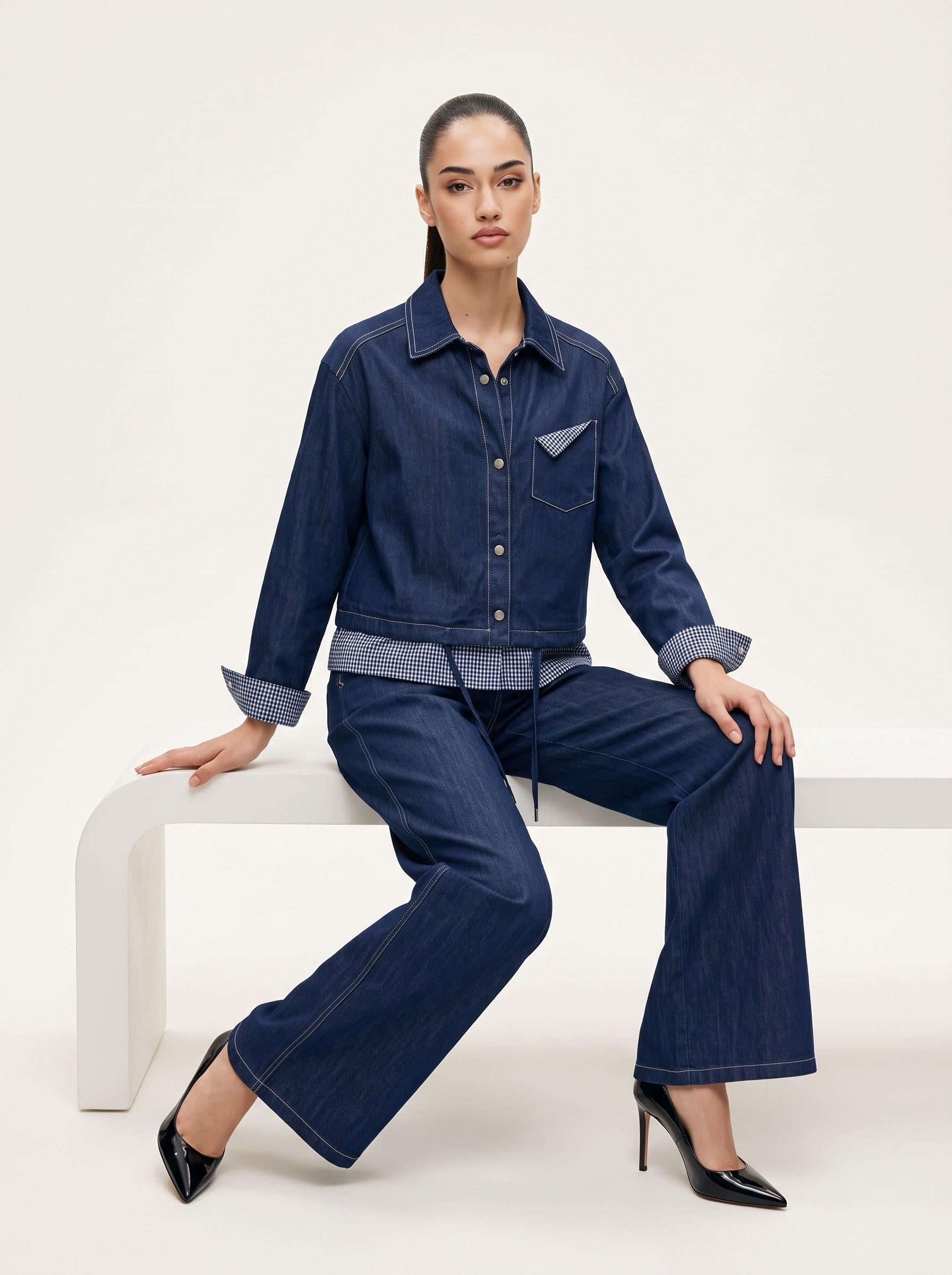 Check-Detailed Drawstring Denim Jacket & Wide-Leg Trousers Indigo 2-Piece Set