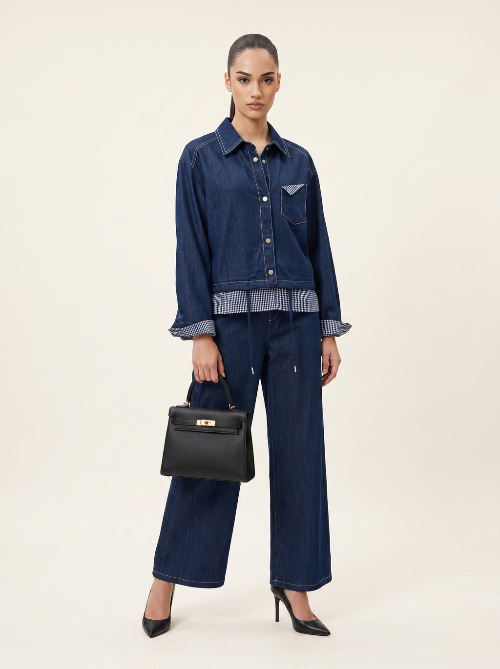 Check-Detailed Drawstring Denim Jacket & Wide-Leg Trousers Indigo 2-Piece Set
