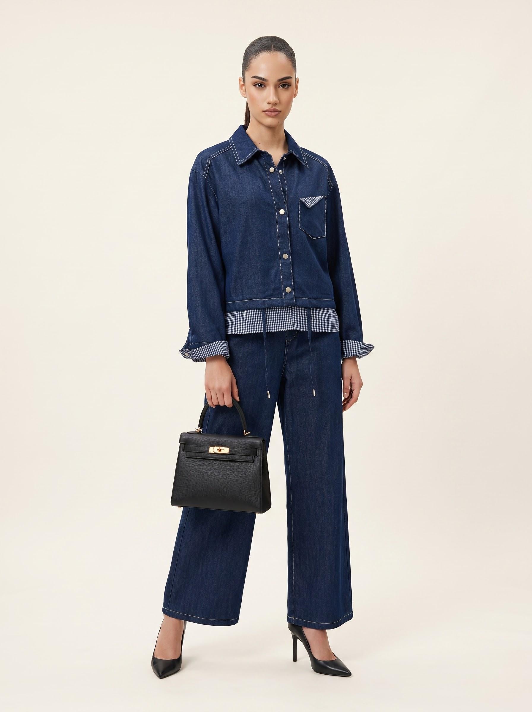 Check-Detailed Drawstring Denim Jacket & Wide-Leg Trousers Indigo 2-Piece Set