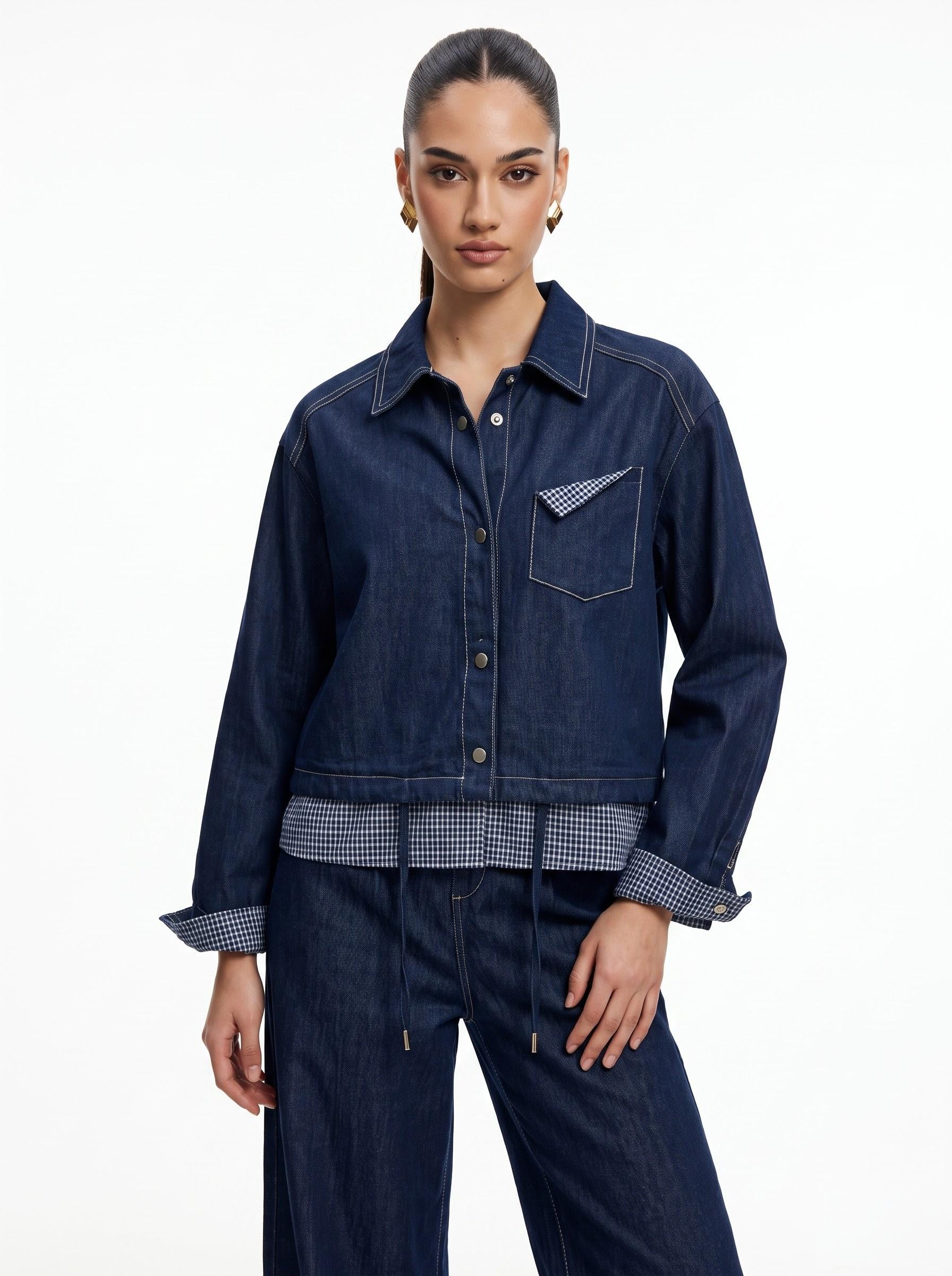 Check-Detailed Drawstring Denim Jacket & Wide-Leg Trousers Indigo 2-Piece Set