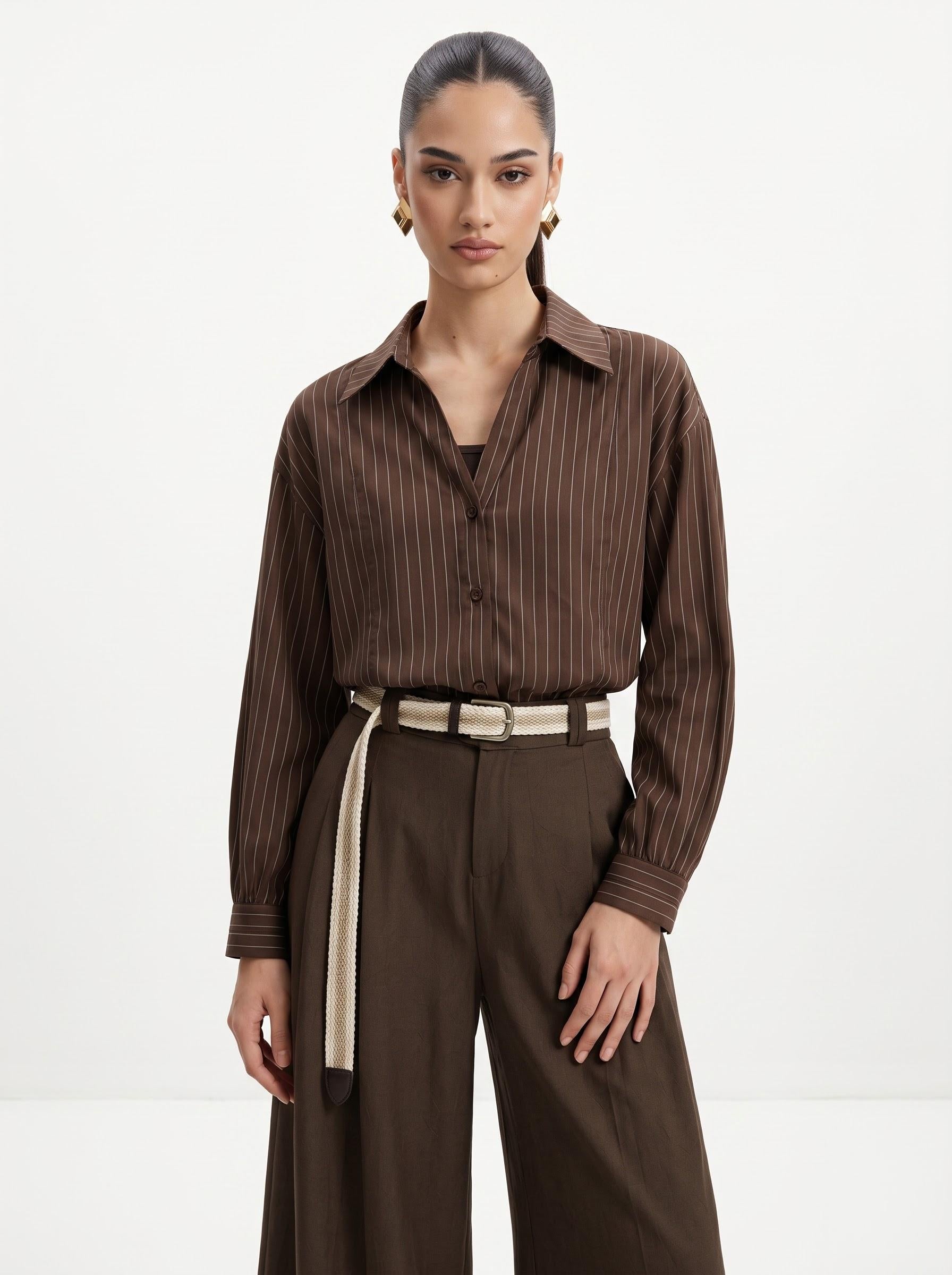 Striped Shirt, Jute Belt & Wide-Leg Trousers mocha brown  Linen-Cotton 3-Piece Set