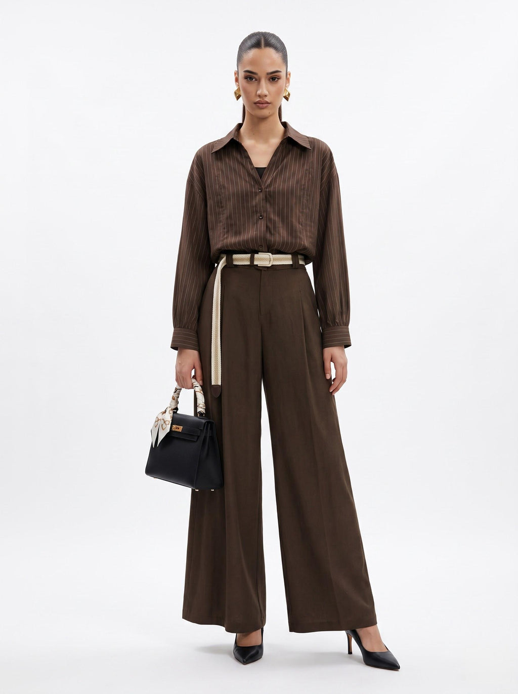 Striped Shirt, Jute Belt & Wide-Leg Trousers mocha brown  Linen-Cotton 3-Piece Set