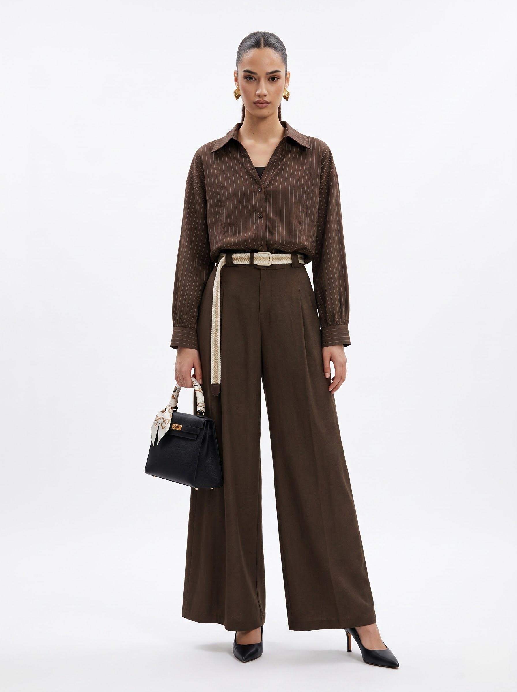 Striped Shirt, Jute Belt & Wide-Leg Trousers mocha brown  Linen-Cotton 3-Piece Set