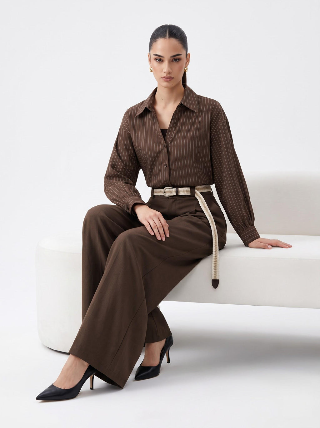 Striped Shirt, Jute Belt & Wide-Leg Trousers mocha brown  Linen-Cotton 3-Piece Set