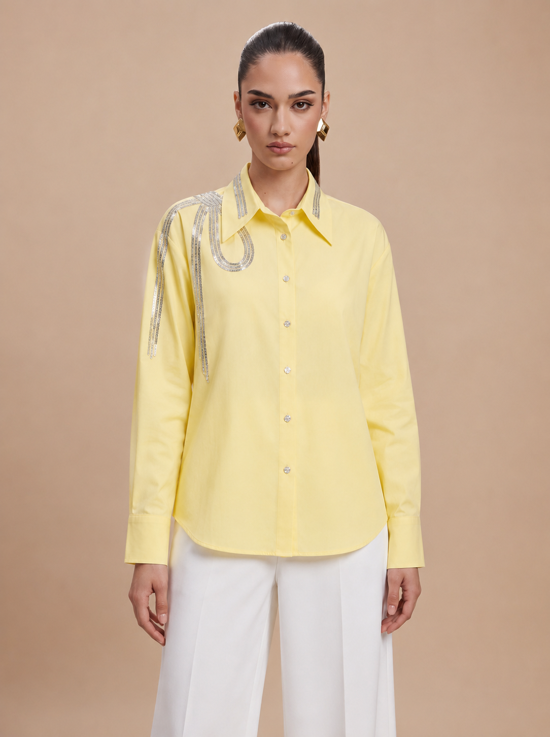 Glam Sequin-Embellished yellow Cotton Shirt