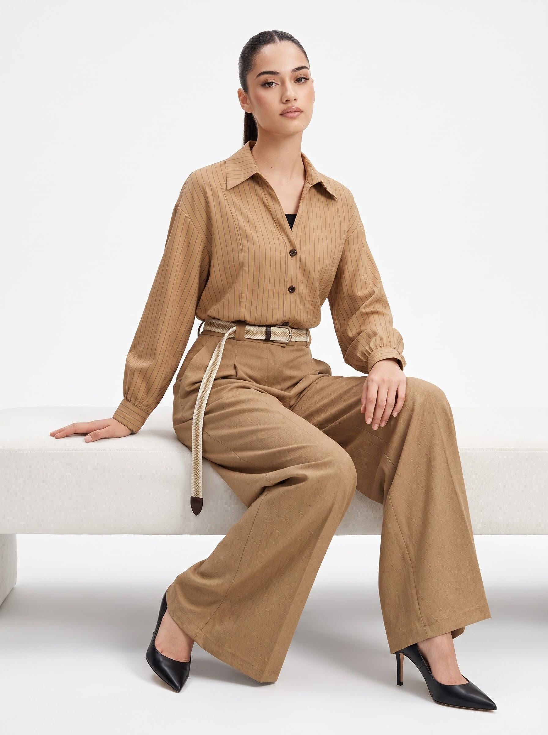 Striped Shirt, Jute Belt & Wide-Leg Trousers Camel Linen-Cotton 3-Piece Set