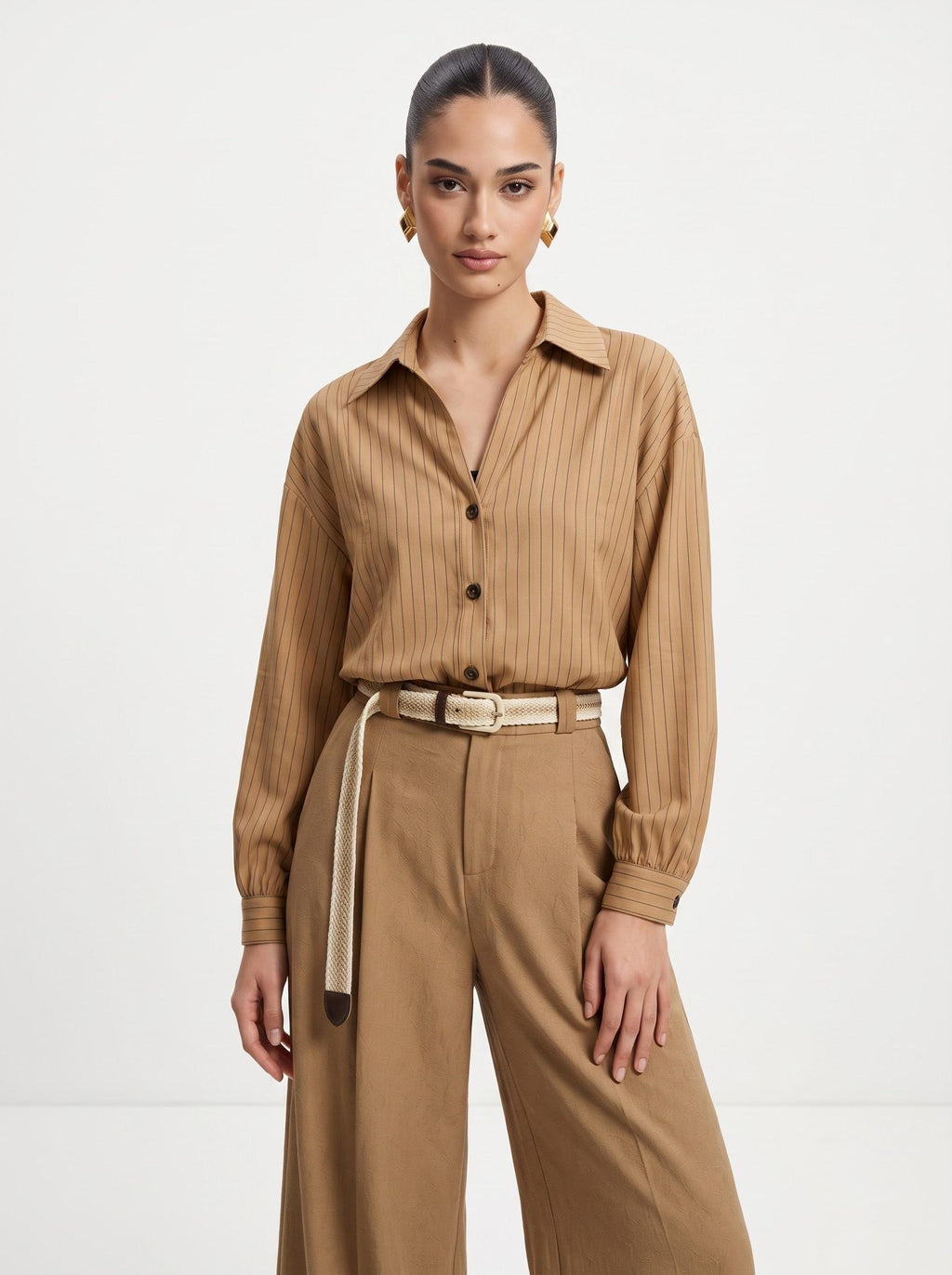Striped Shirt, Jute Belt & Wide-Leg Trousers Camel Linen-Cotton 3-Piece Set