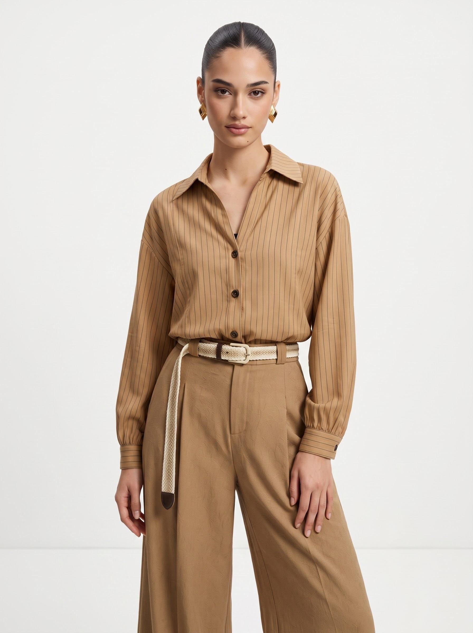 Striped Shirt, Jute Belt & Wide-Leg Trousers Camel Linen-Cotton 3-Piece Set
