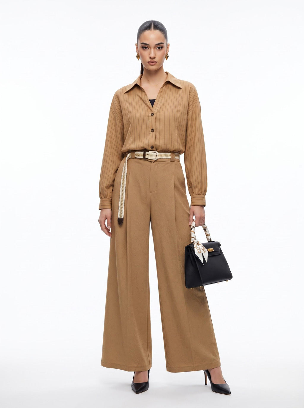 Striped Shirt, Jute Belt & Wide-Leg Trousers Camel Linen-Cotton 3-Piece Set