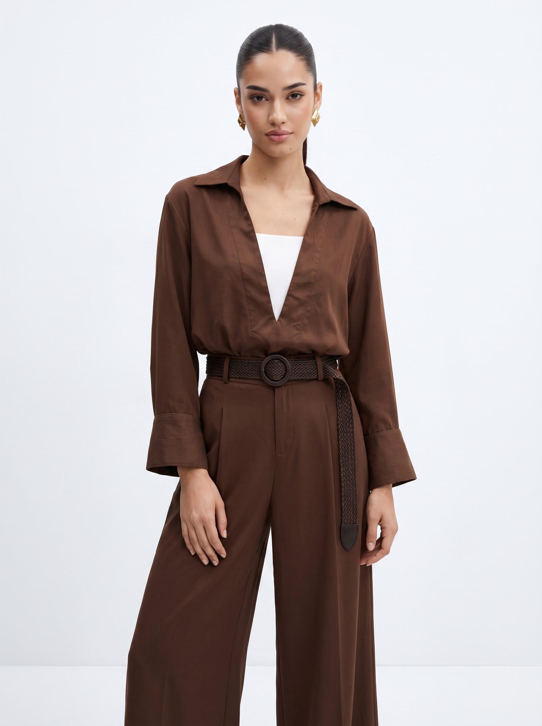 Deep V-Neck Shirt, Inner Cami, Leather Belt & Trousers mocha brown 4-Piece Set