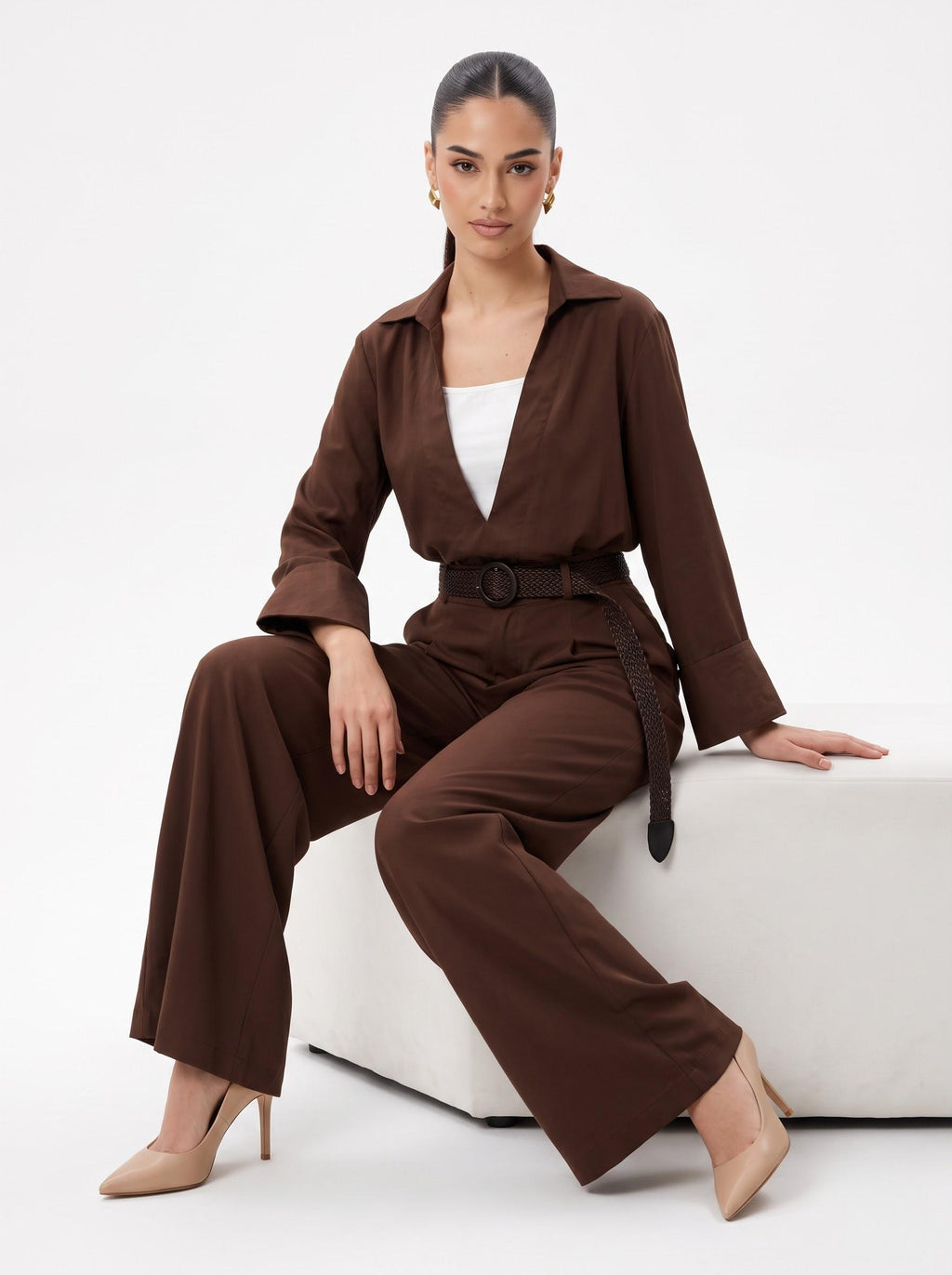 Deep V-Neck Shirt, Inner Cami, Leather Belt & Trousers mocha brown 4-Piece Set